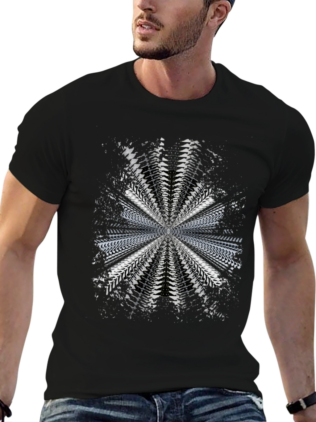 Abstract Radial Pattern Black T-Shirt