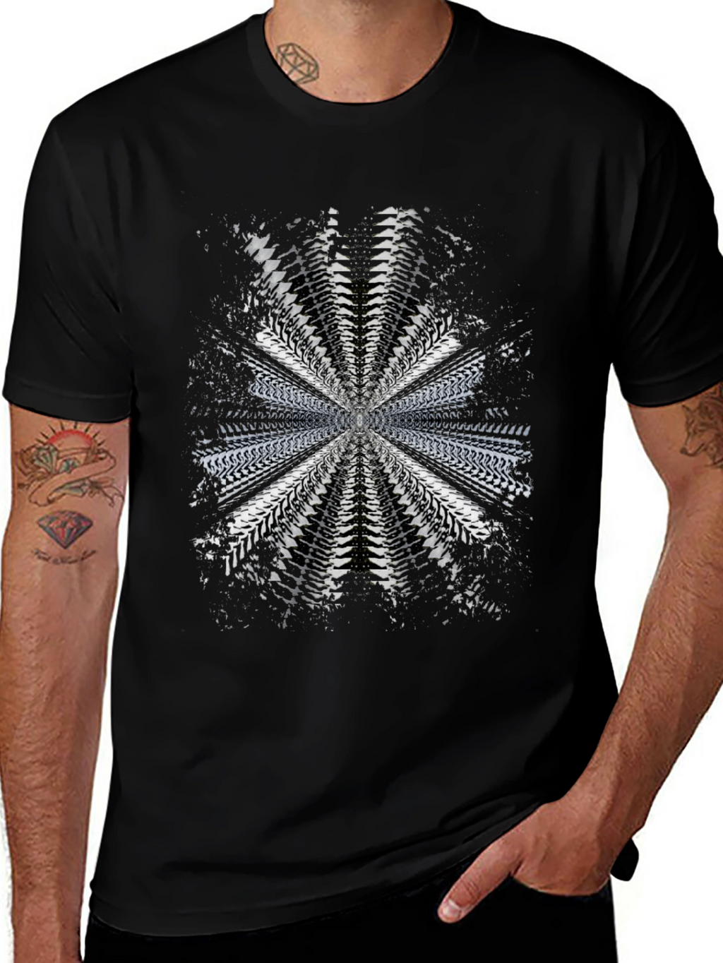 Abstract Radial Pattern Black T-Shirt