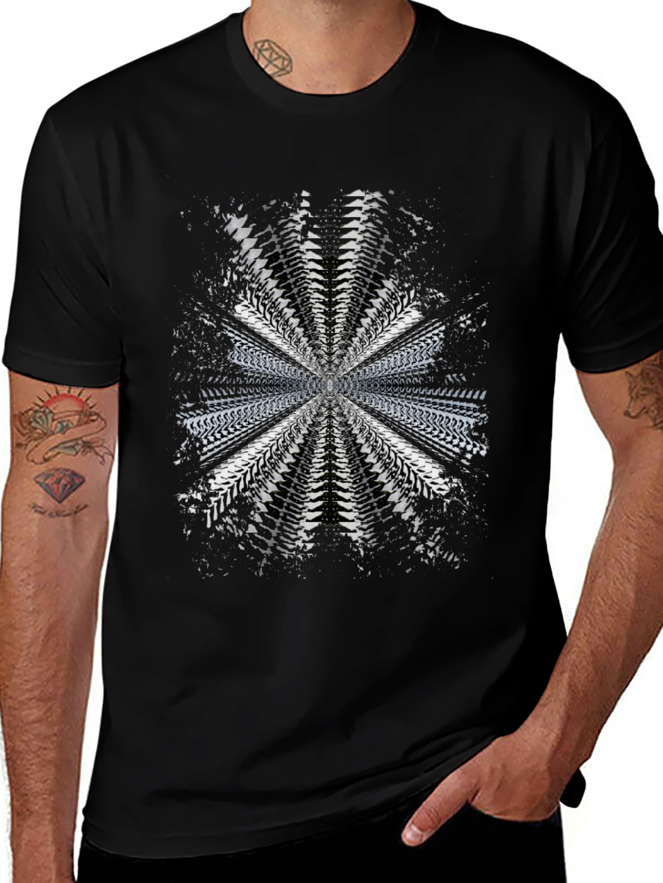 Abstract Radial Pattern Black T-Shirt