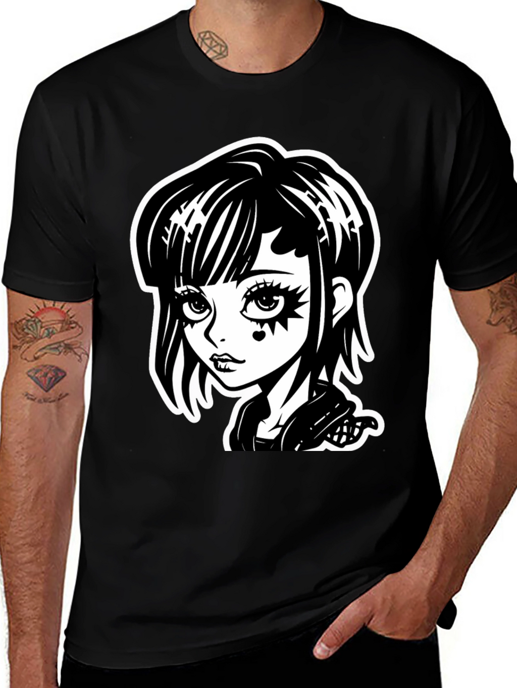Gothic Girl Black T-Shirt - Cartoon Illustration