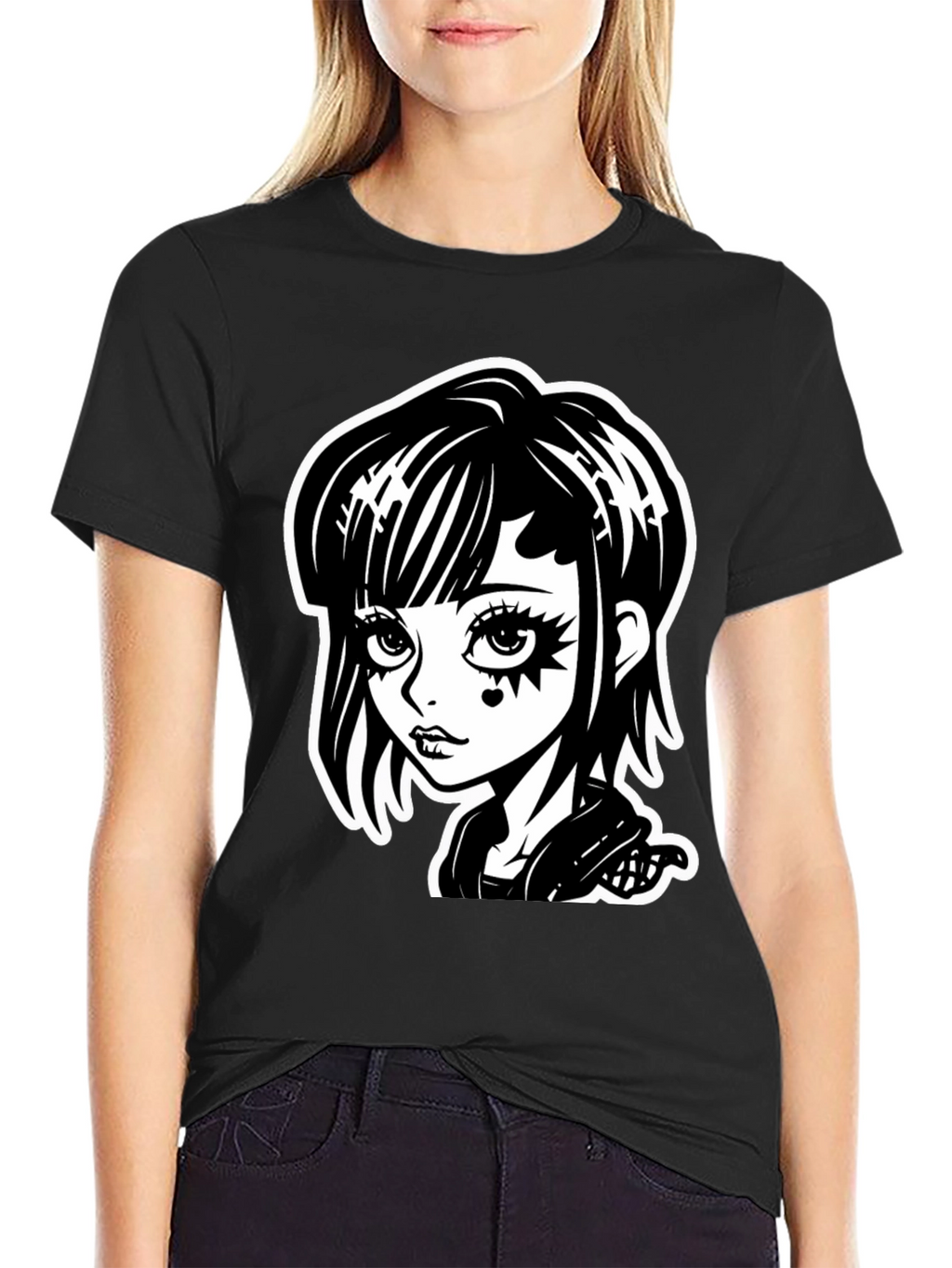 Gothic Girl Black T-Shirt - Cartoon Illustration