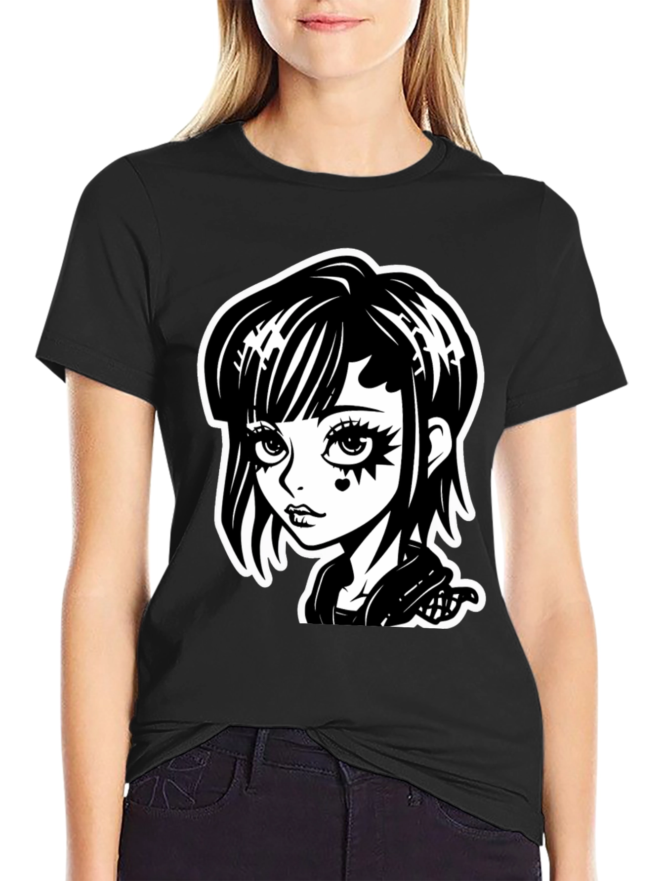 Gothic Girl Black T-Shirt - Cartoon Illustration