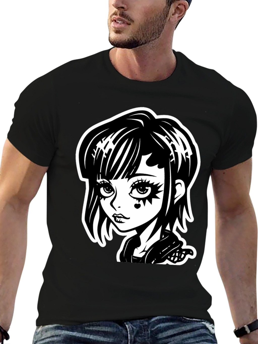 Gothic Girl Black T-Shirt - Cartoon Illustration
