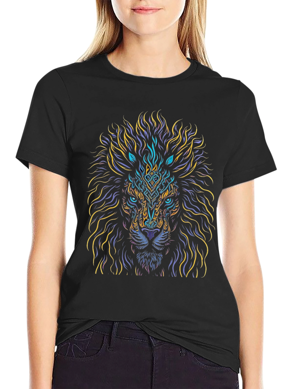 Lion Art Graphic Print Black T-Shirt