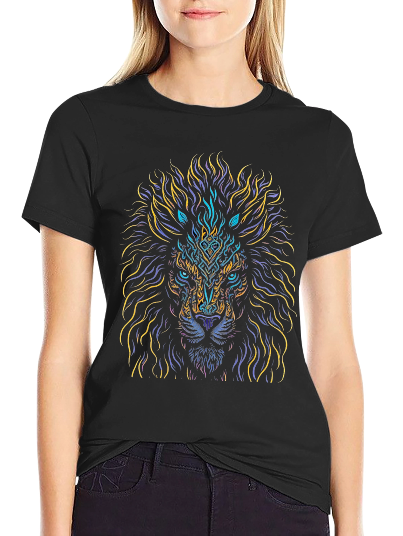 Lion Art Graphic Print Black T-Shirt