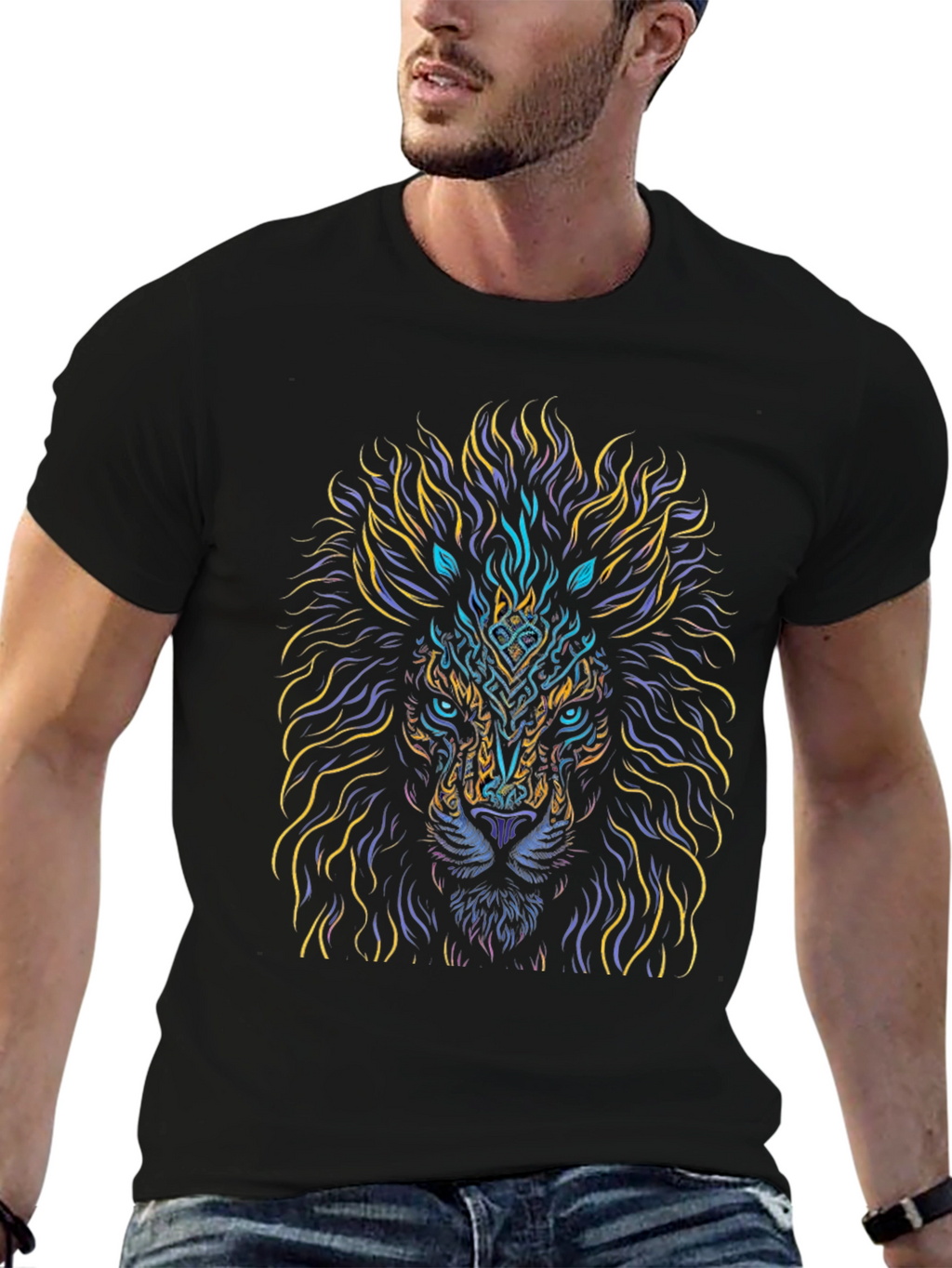 Lion Art Graphic Print Black T-Shirt