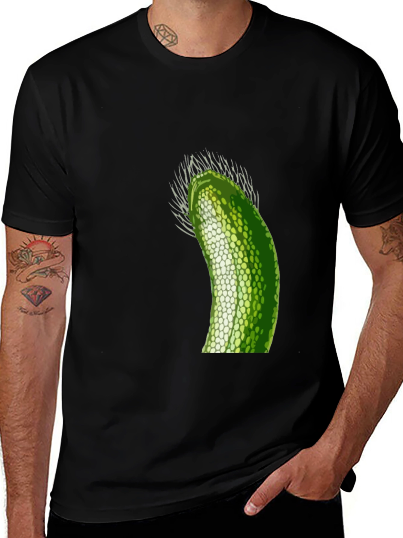 Unique Green Pickle Design Black T-Shirt