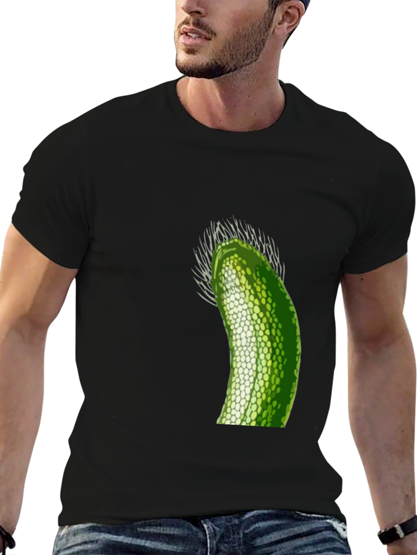 Unique Green Pickle Design Black T-Shirt