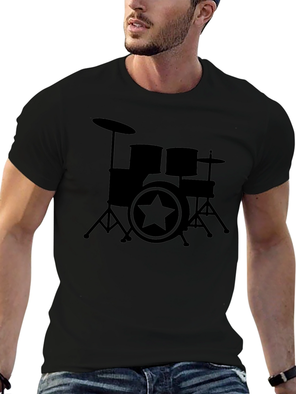 Drum Set Star Graphic Black T-Shirt