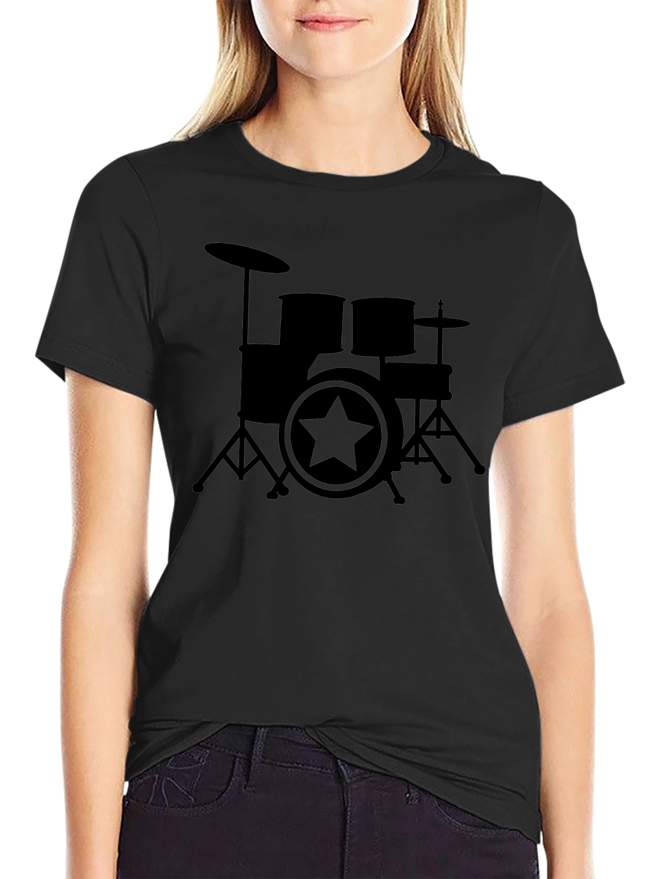 Drum Set Star Graphic Black T-Shirt