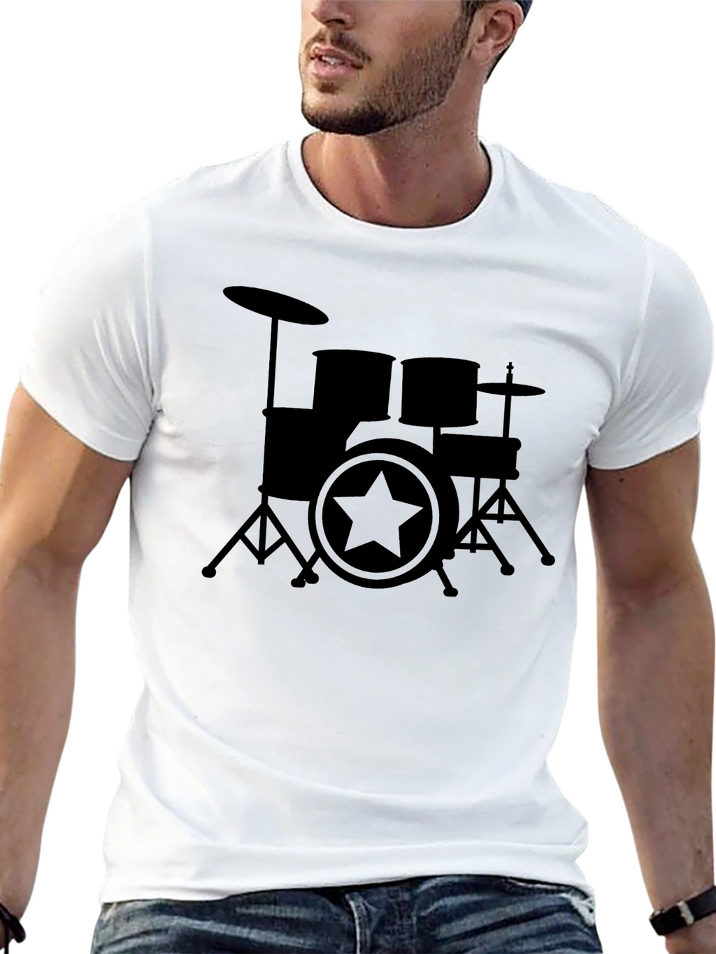 Drum Set Star Graphic Black T-Shirt