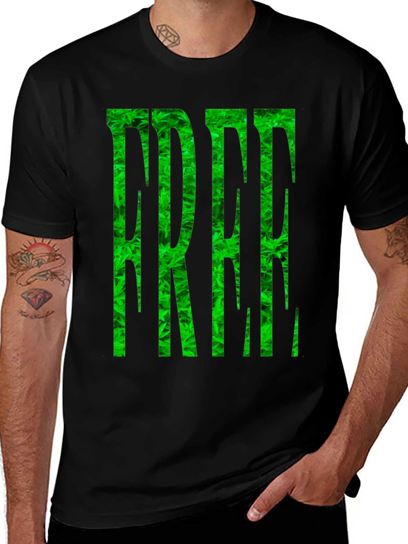 Marijuana Pattern FREE Printed Black T-Shirt