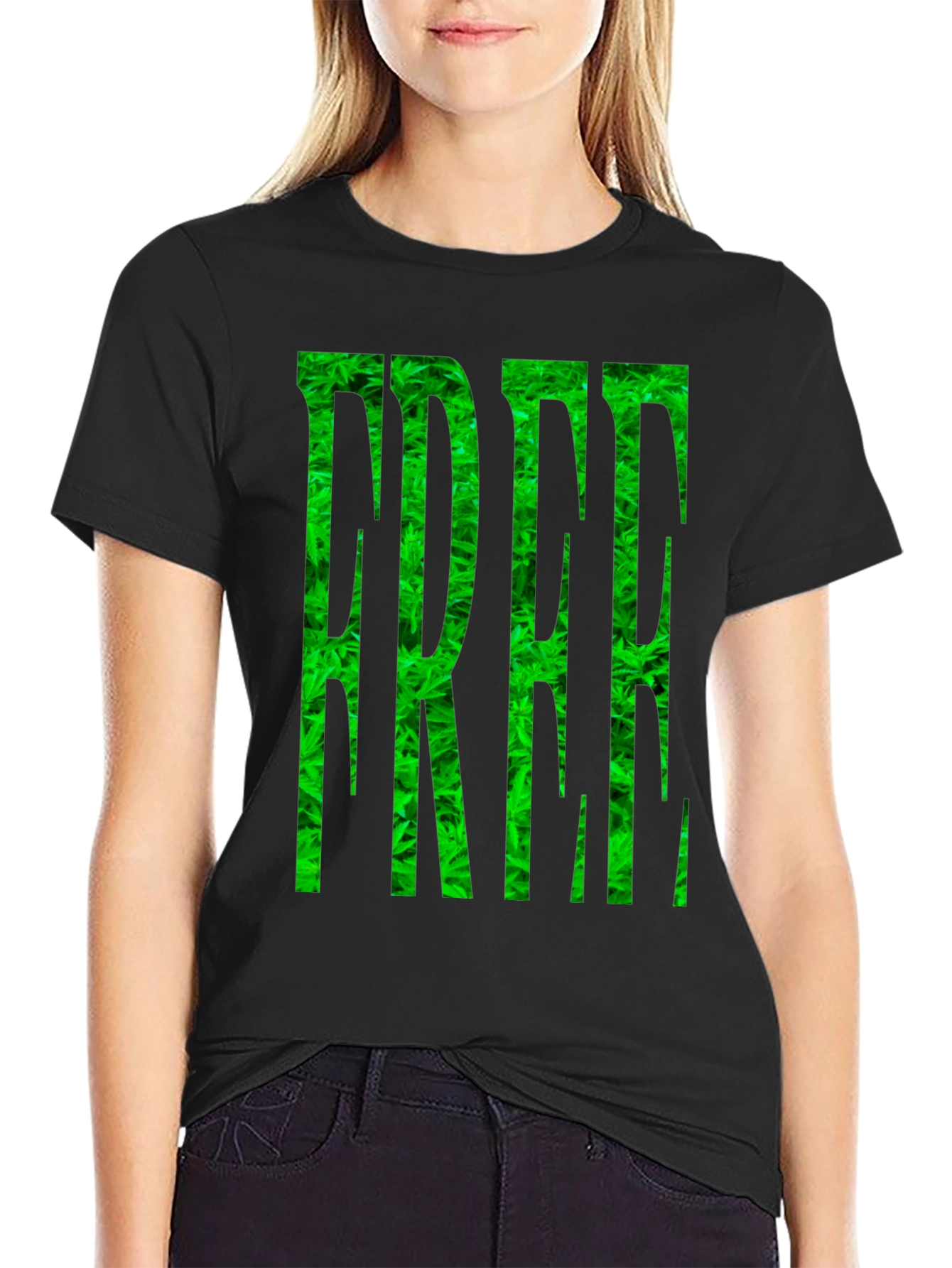 Marijuana Pattern FREE Printed Black T-Shirt