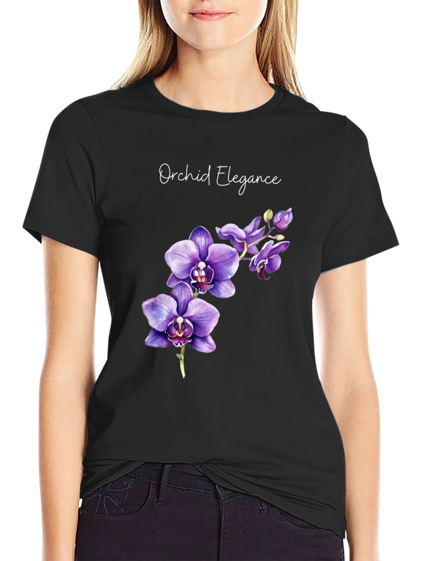 Orchid Elegance Black T-Shirt - Floral Design