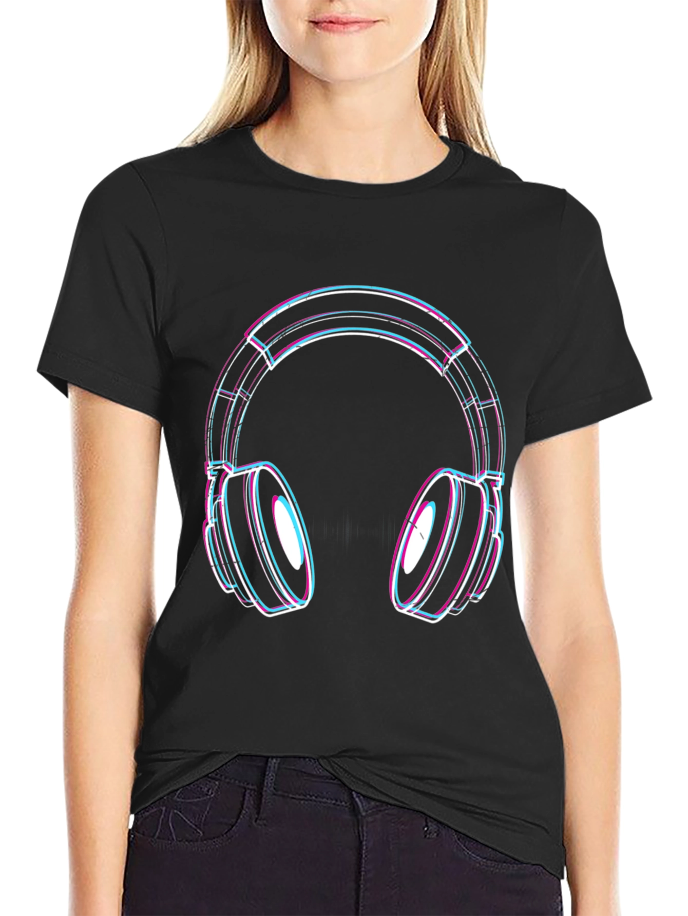 Vaporwave Headphones Graphic Tee - Black Cotton Blend