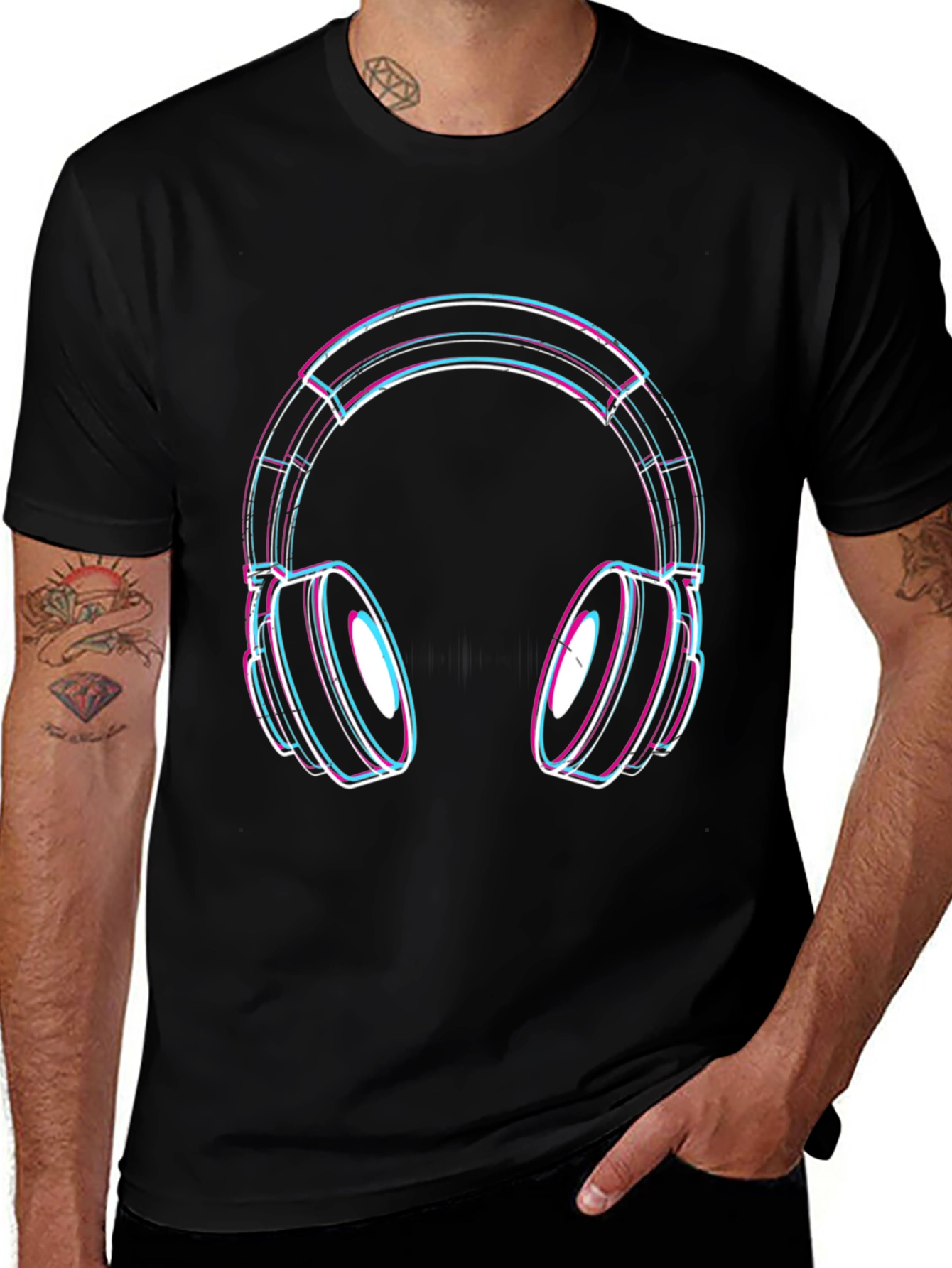 Vaporwave Headphones Graphic Tee - Black Cotton Blend
