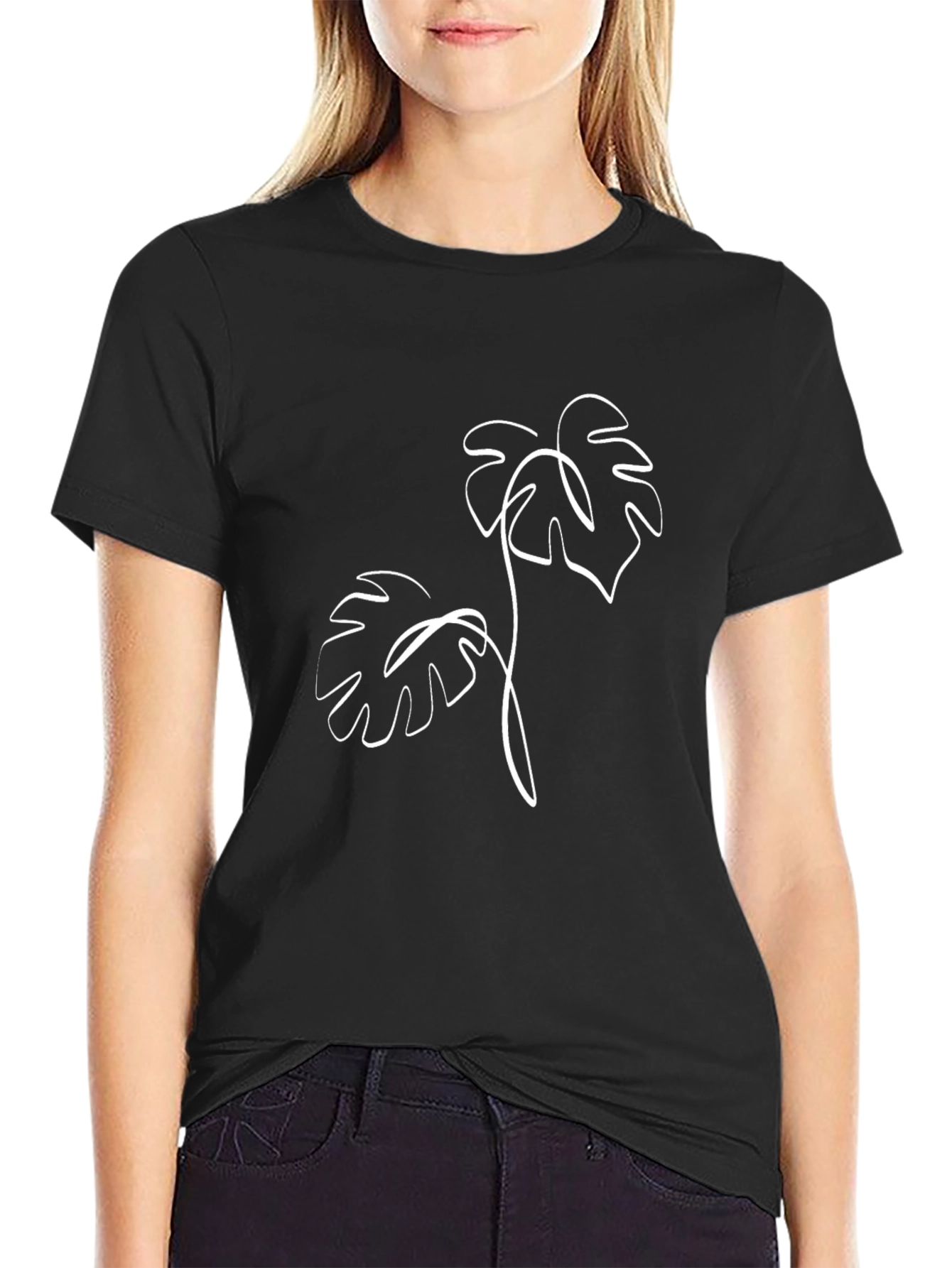 Minimalist Monstera Leaf Graphic Black T-Shirt