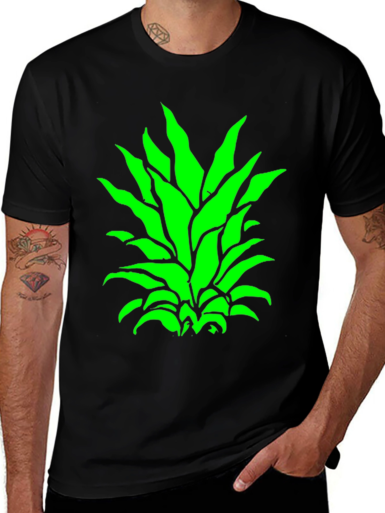 Green Pineapple Top Black T-Shirt