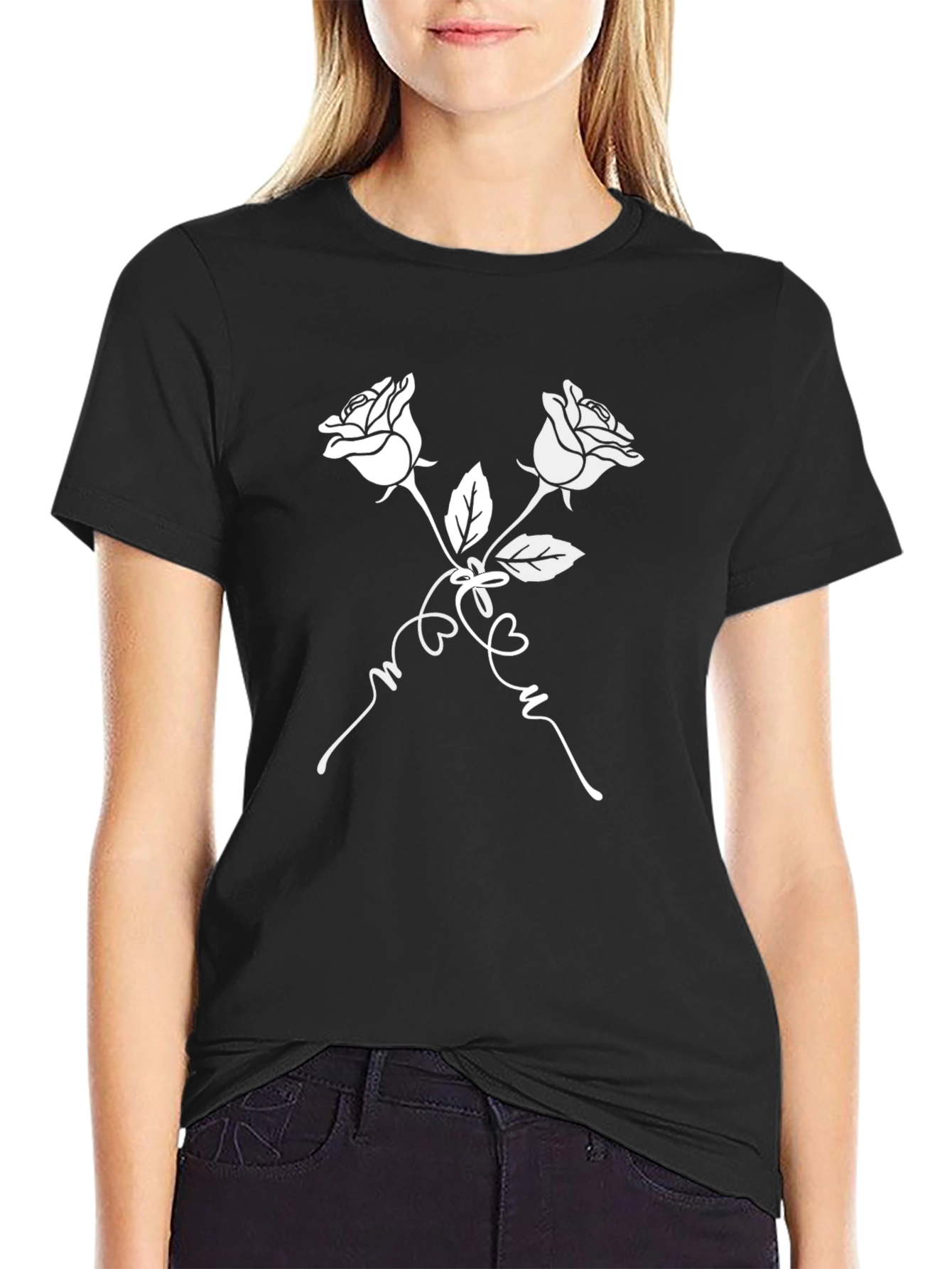Rose T-Shirt - Black with White Floral Design