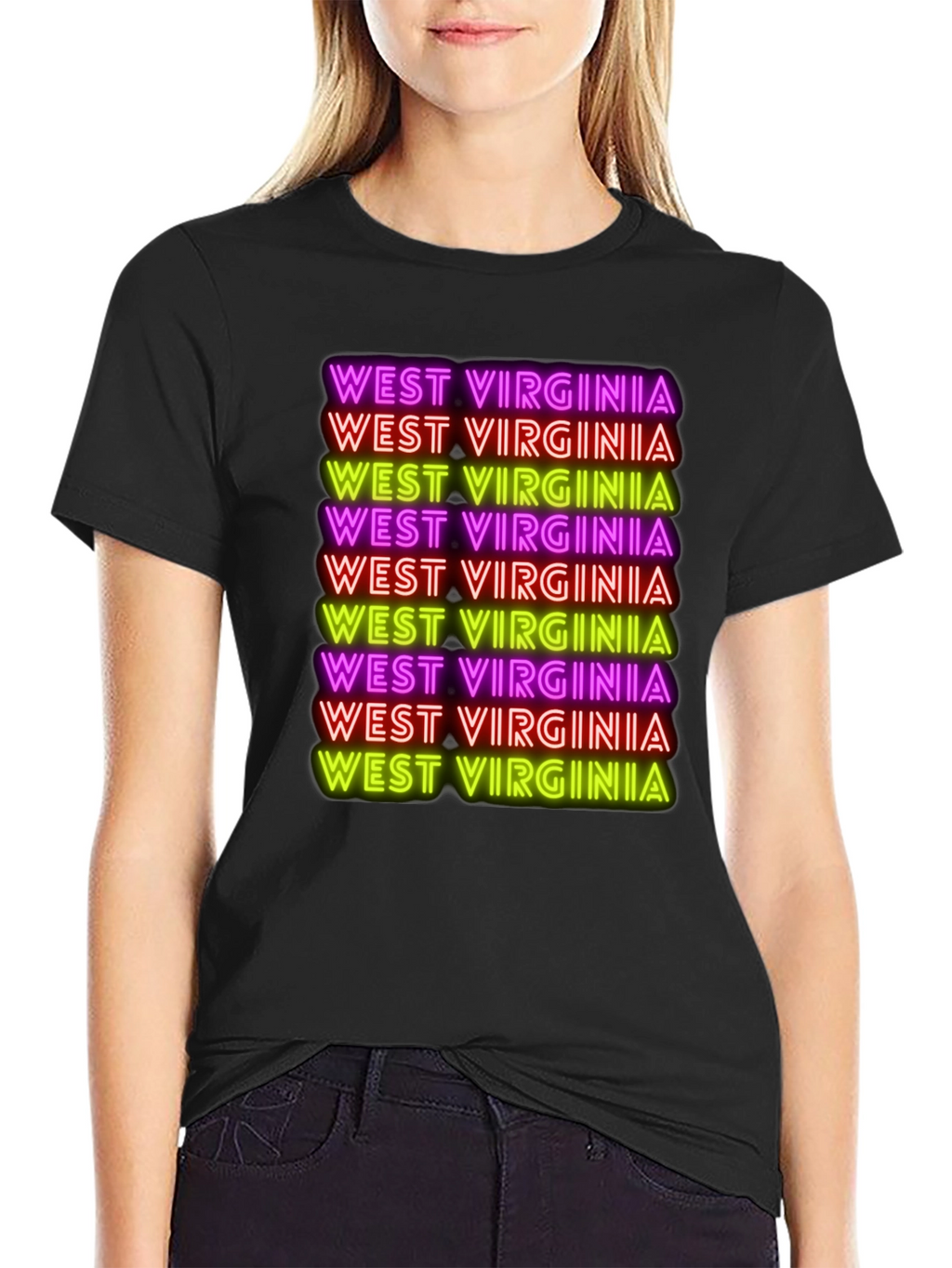 West Virginia Neon Text Black T-Shirt