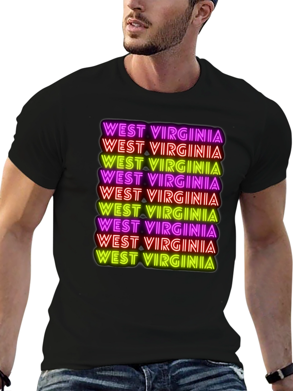 West Virginia Neon Text Black T-Shirt