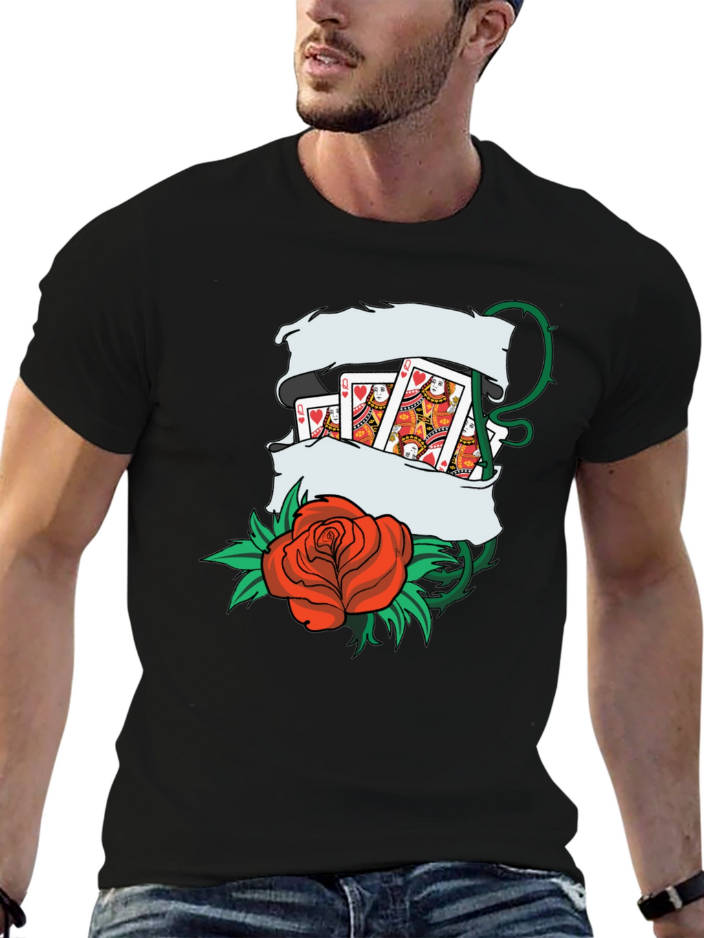 Playing Card Rose Tattoo Style Graphic T-Shirt