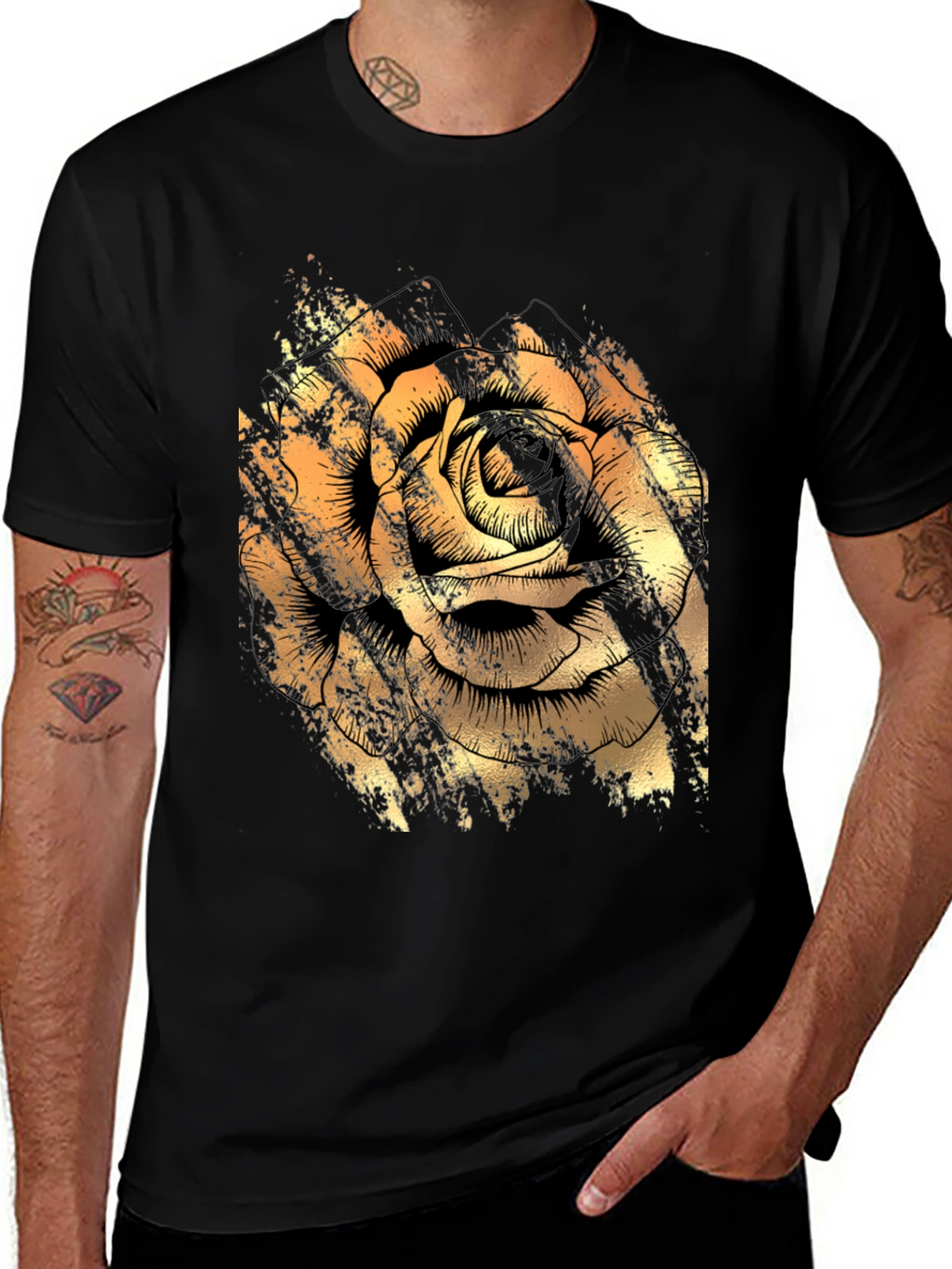 Golden Rose Graphic Black T-Shirt