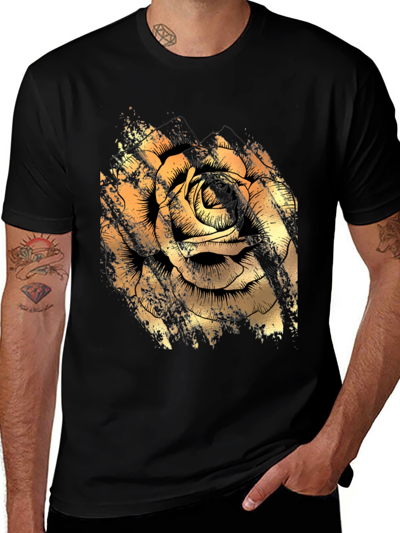 Golden Rose Graphic Black T-Shirt