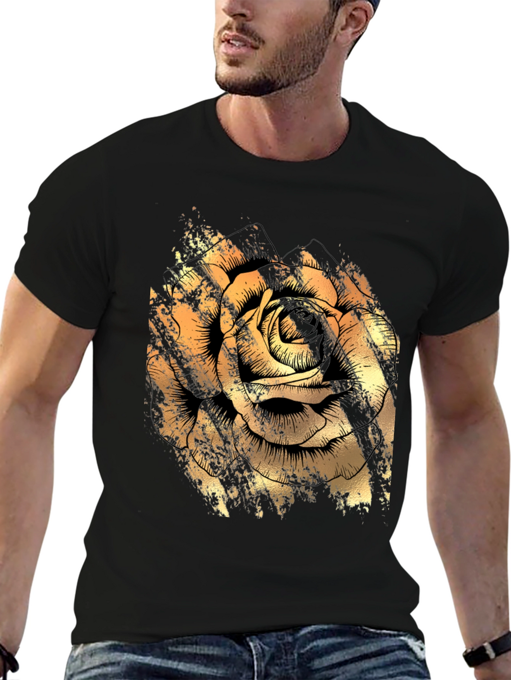 Golden Rose Graphic Black T-Shirt