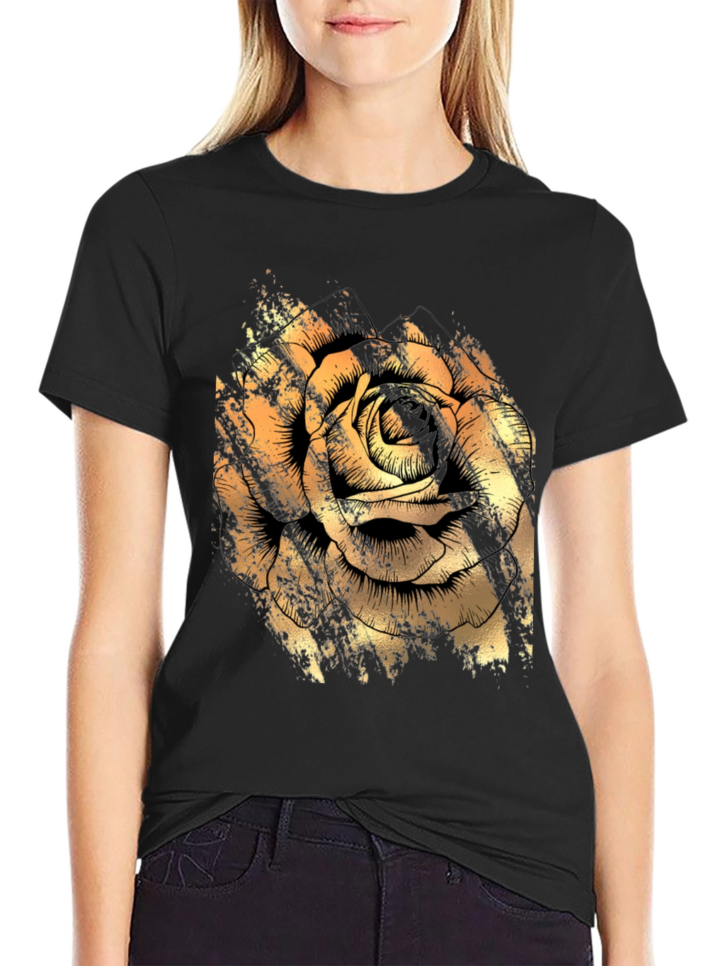 Golden Rose Graphic Black T-Shirt
