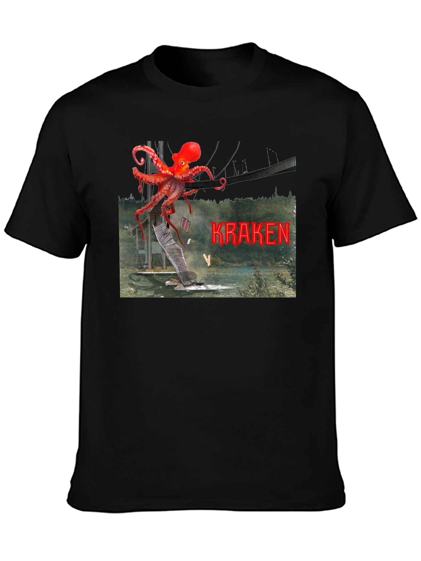 Kraken Attack Graphic Tee - Black Cotton Blend Shirt