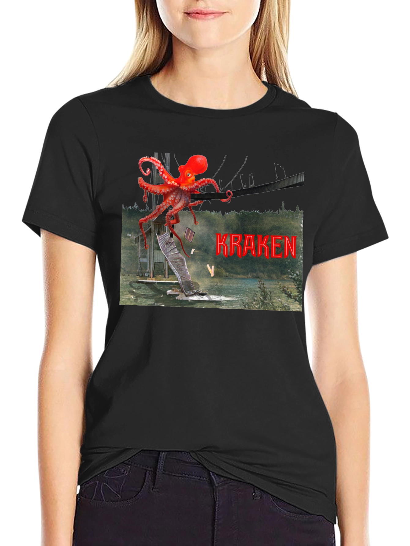 Kraken Attack Graphic Tee - Black Cotton Blend Shirt