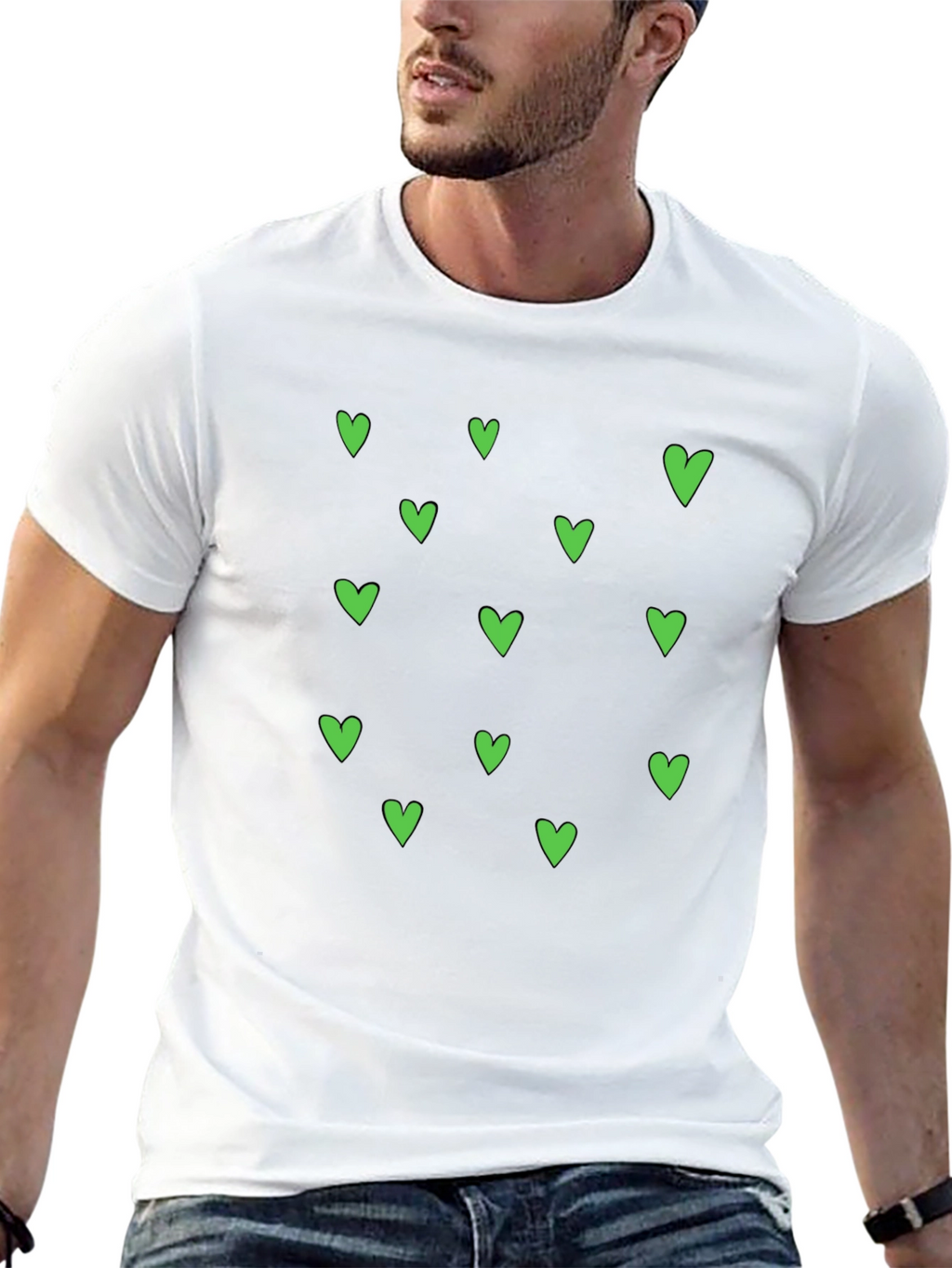 Green Heart Pattern Black T-Shirt