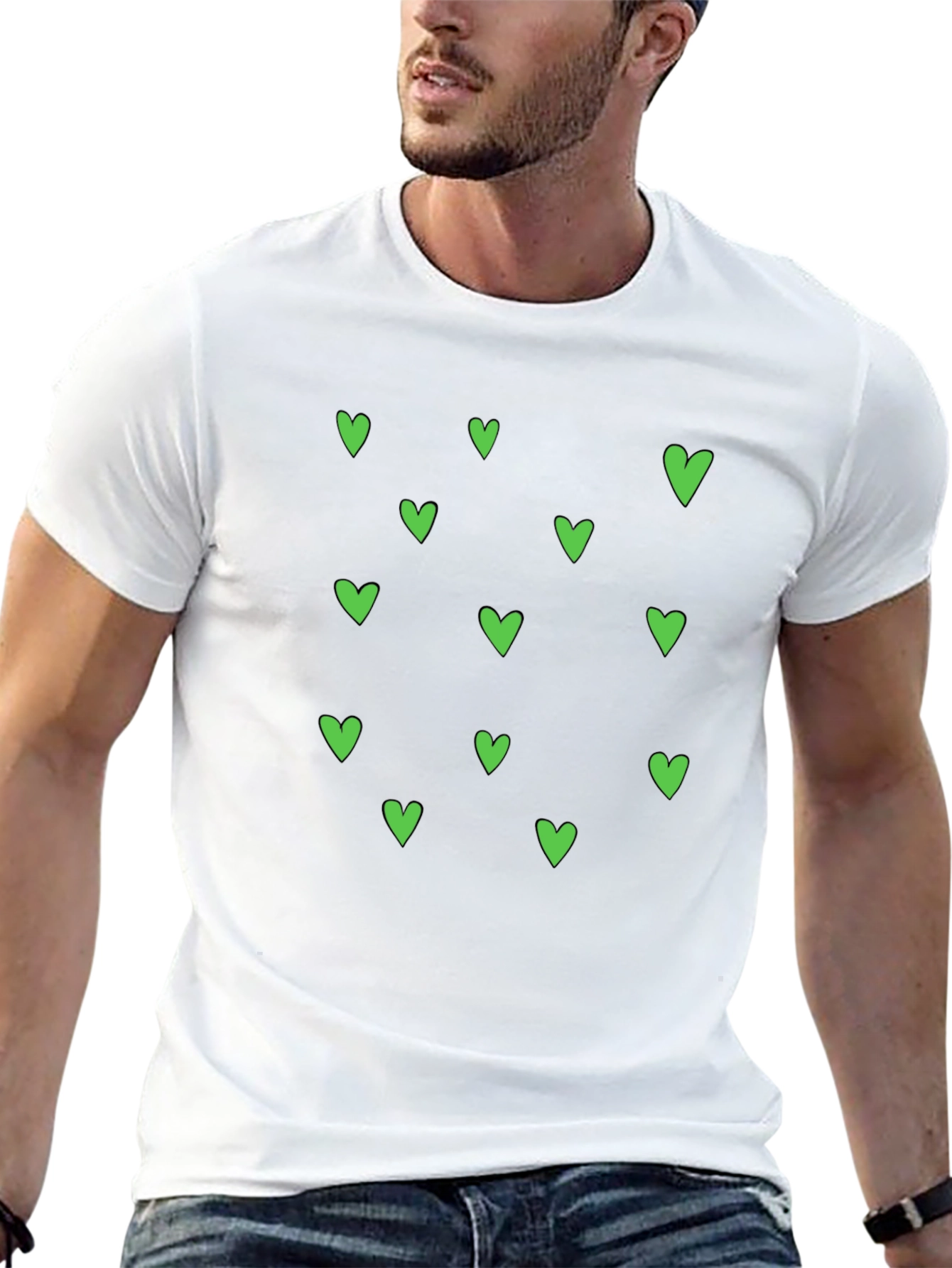 Green Heart Pattern Black T-Shirt