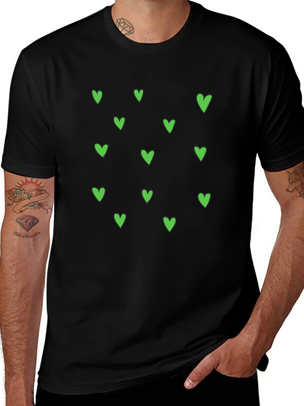 Green Heart Pattern Black T-Shirt