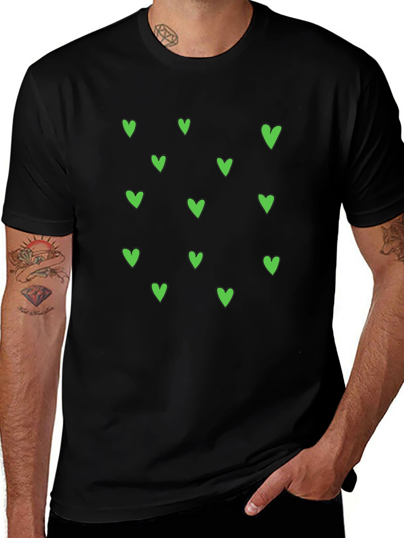 Green Heart Pattern Black T-Shirt