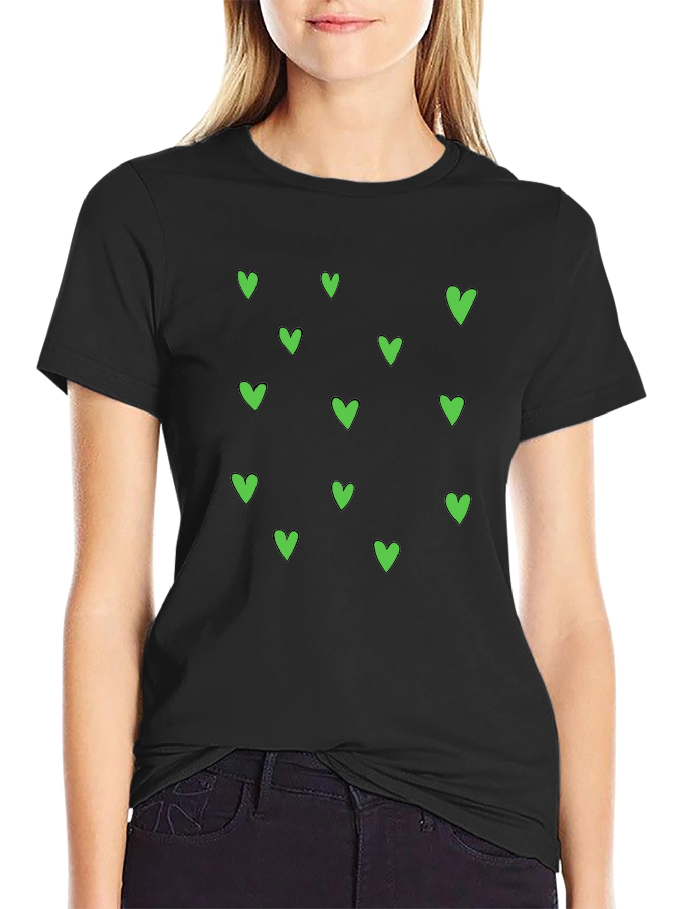 Green Heart Pattern Black T-Shirt