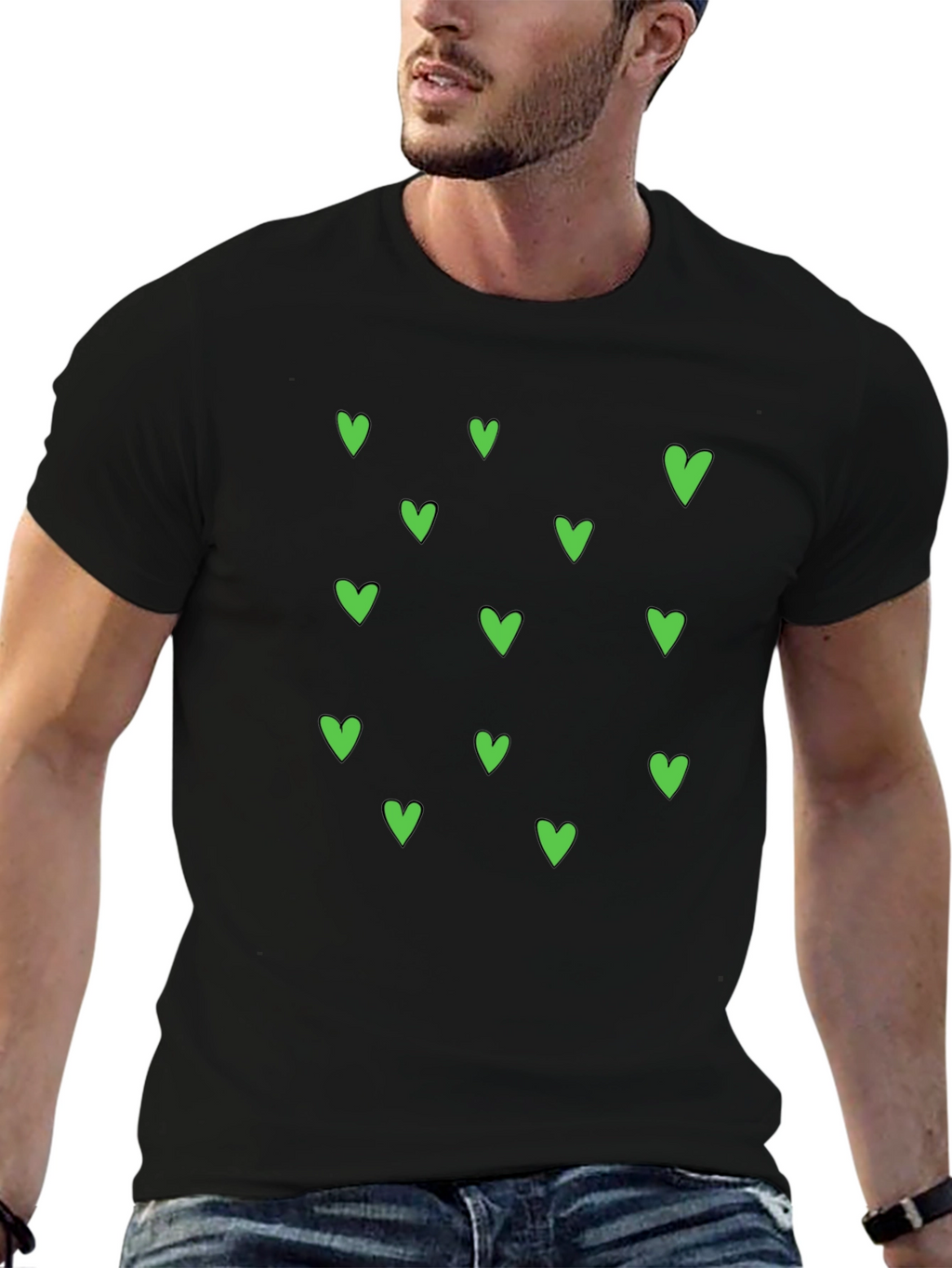 Green Heart Pattern Black T-Shirt