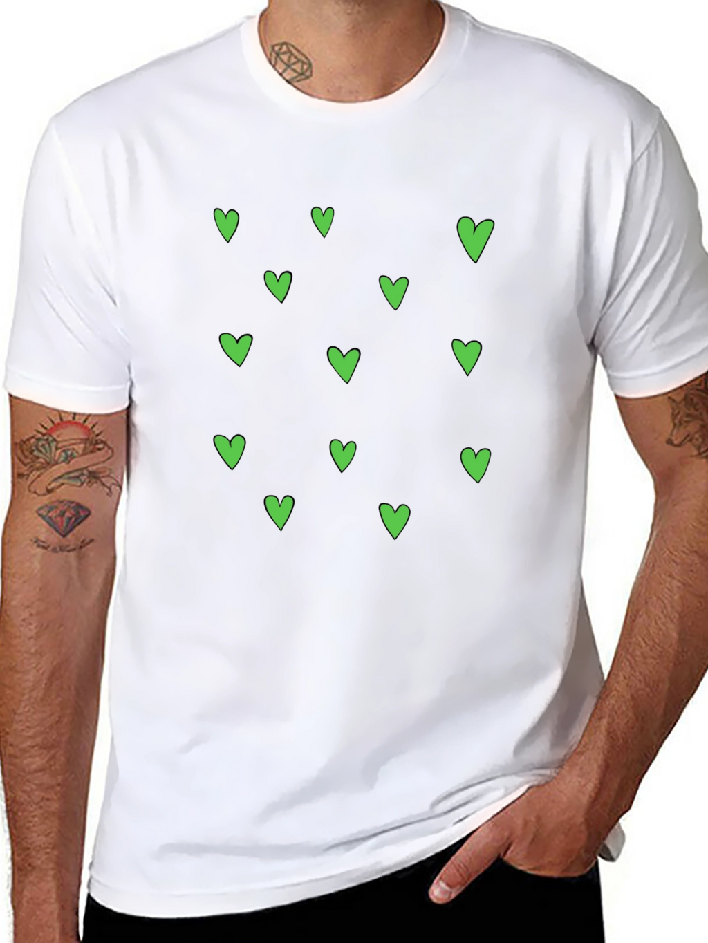Green Heart Pattern Black T-Shirt