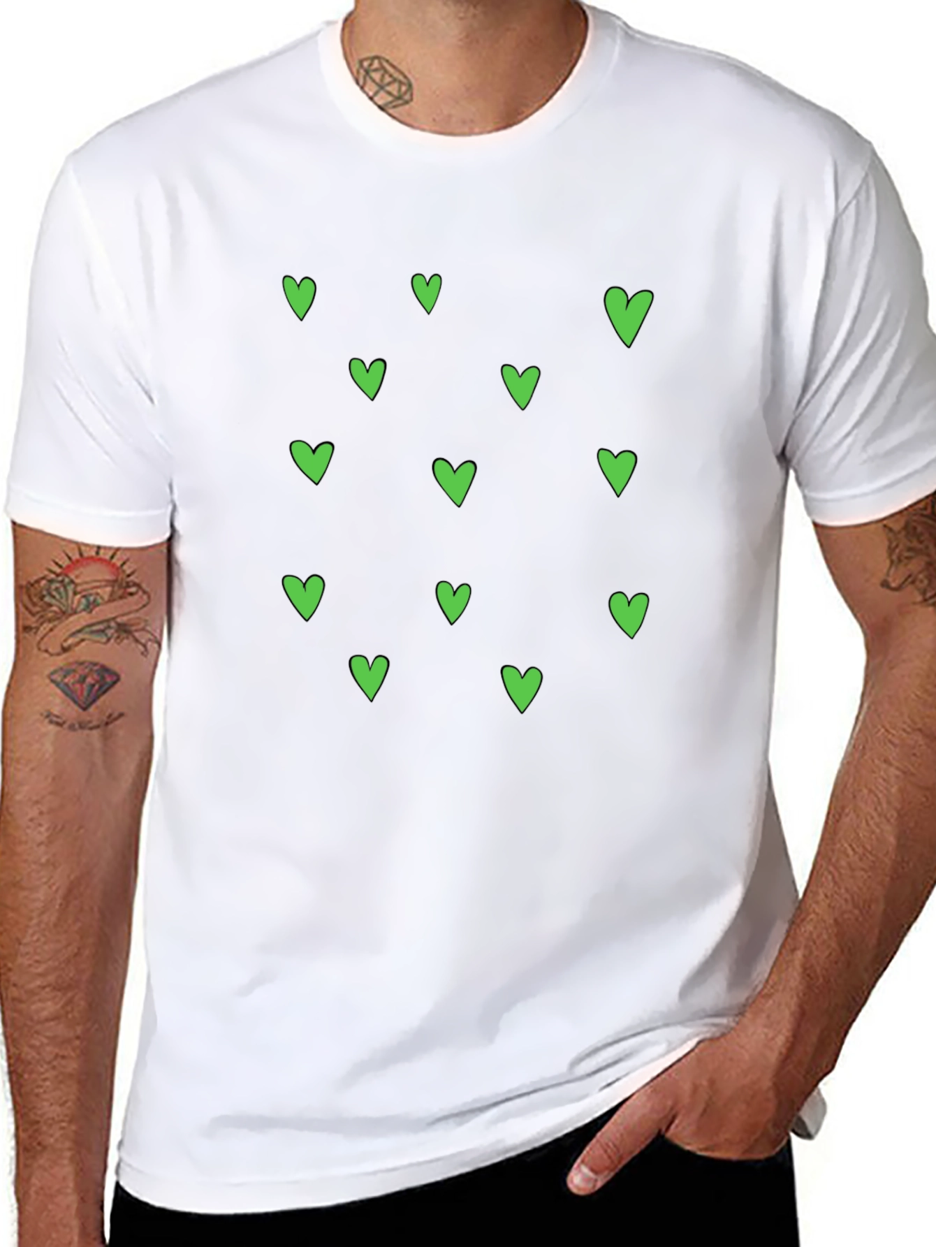 Green Heart Pattern Black T-Shirt