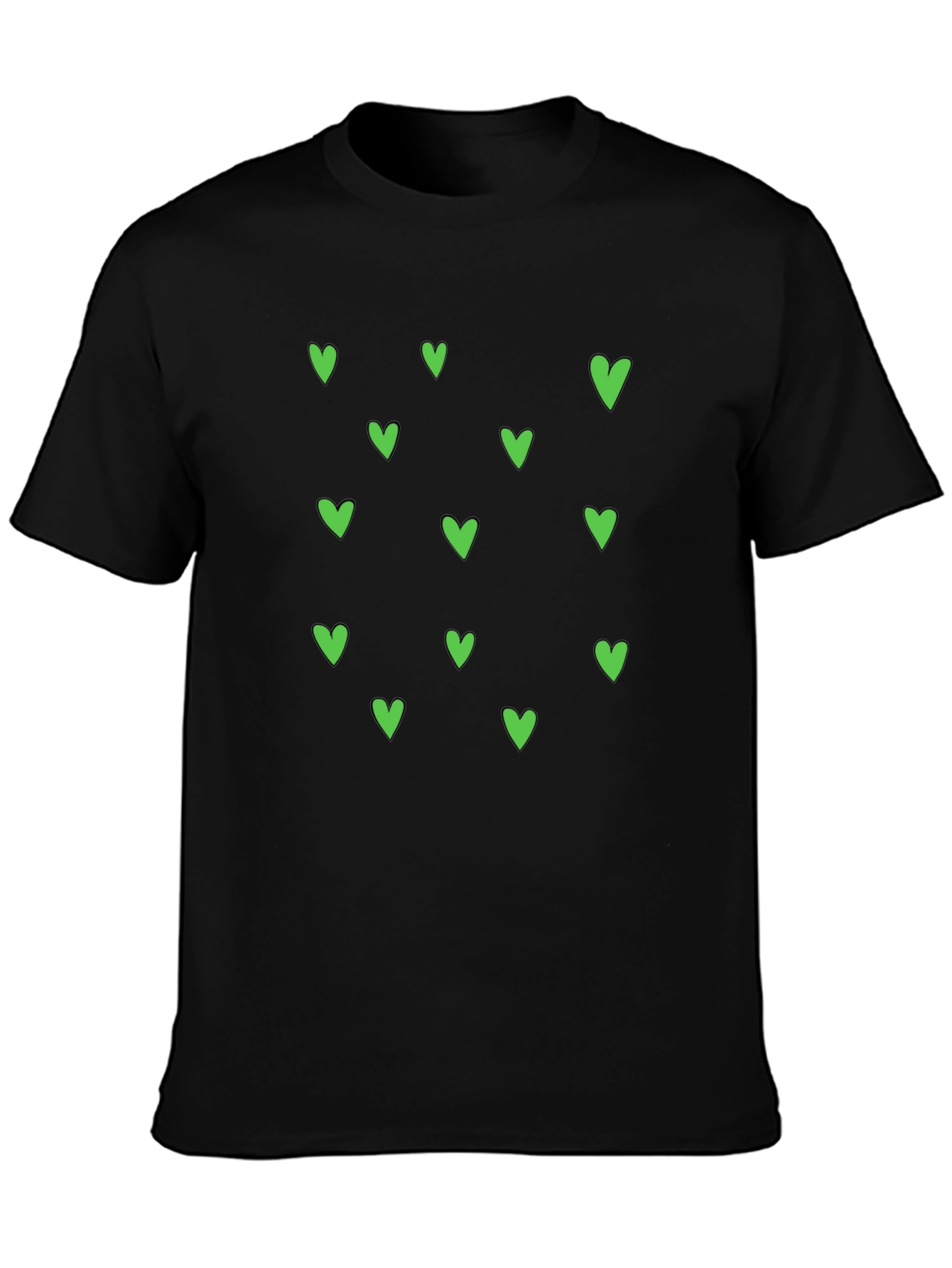 Green Heart Pattern Black T-Shirt