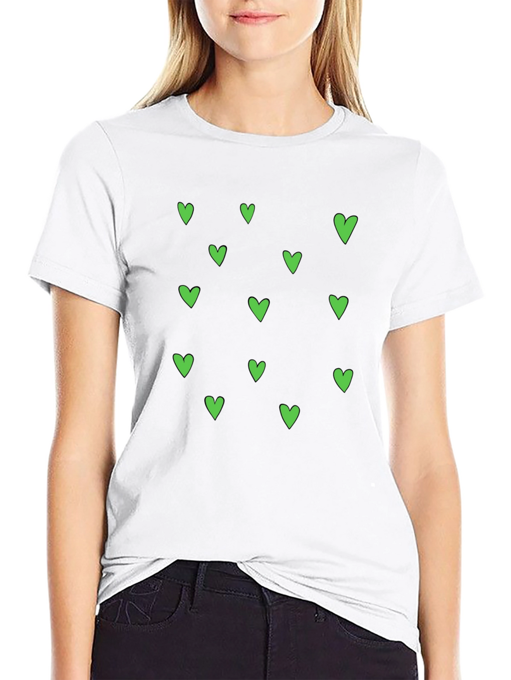 Green Heart Pattern Black T-Shirt