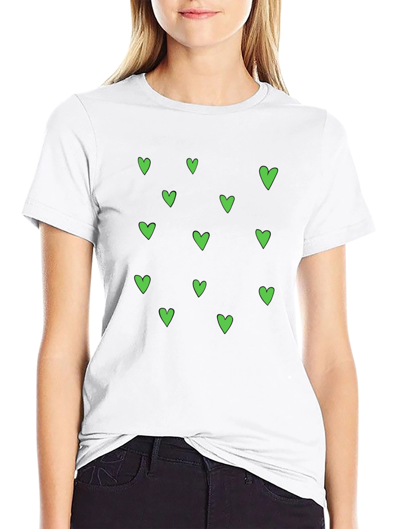 Green Heart Pattern Black T-Shirt
