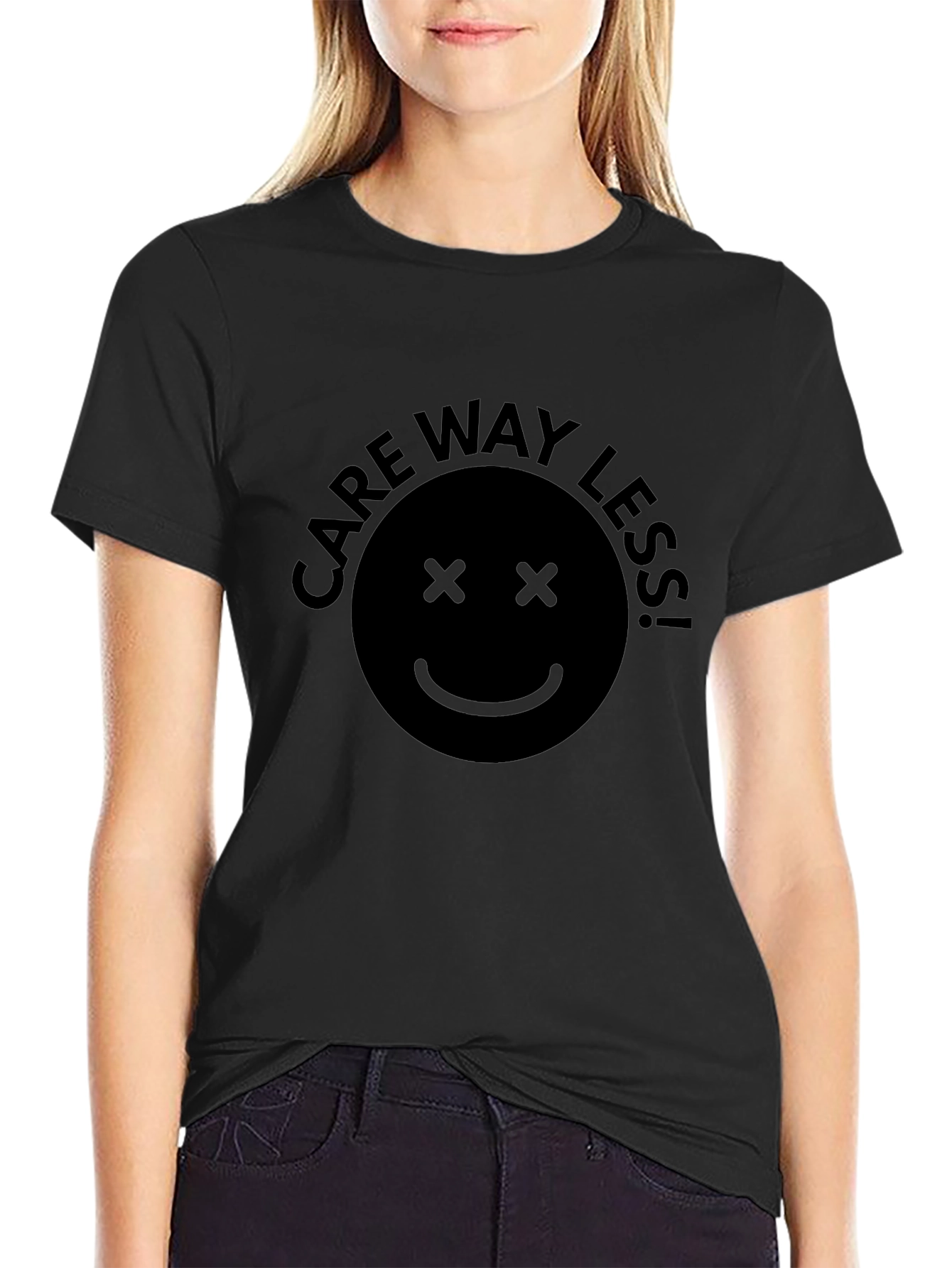 Care Way Less Smiley Face Black T-Shirt