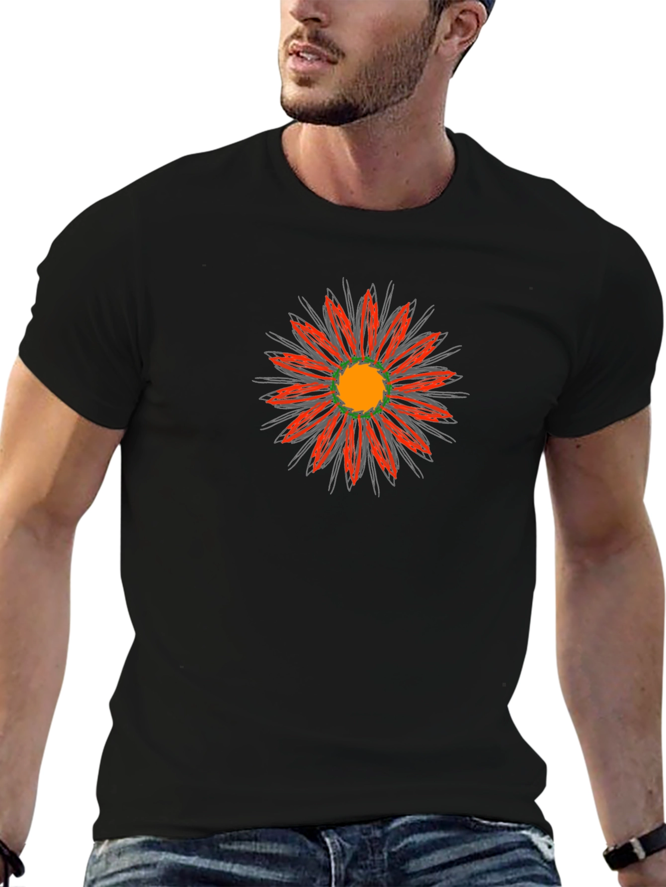 Black T-Shirt with Abstract Flower Design