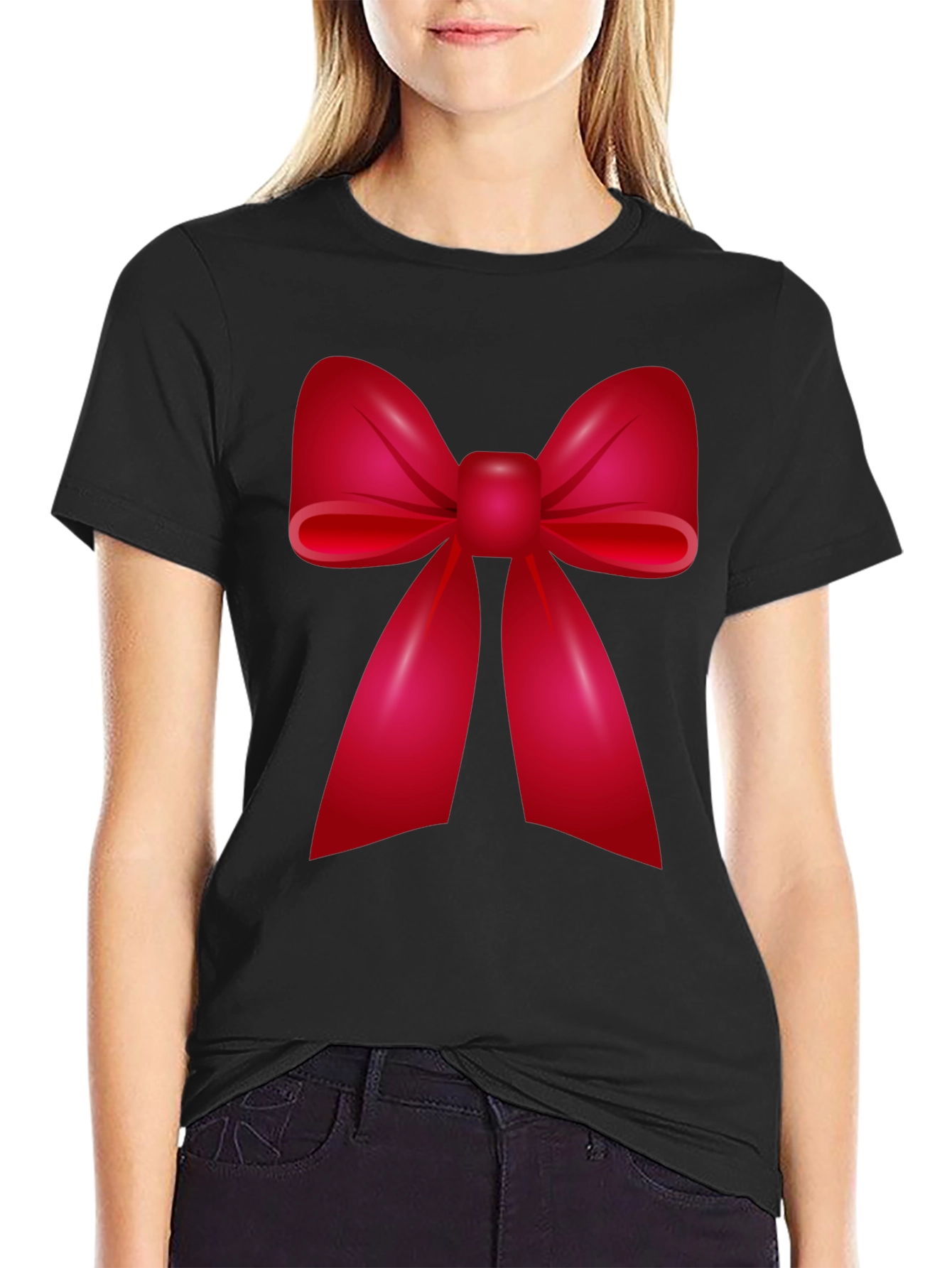 Festive Red Bow Graphic T-Shirt - Holiday Cheer