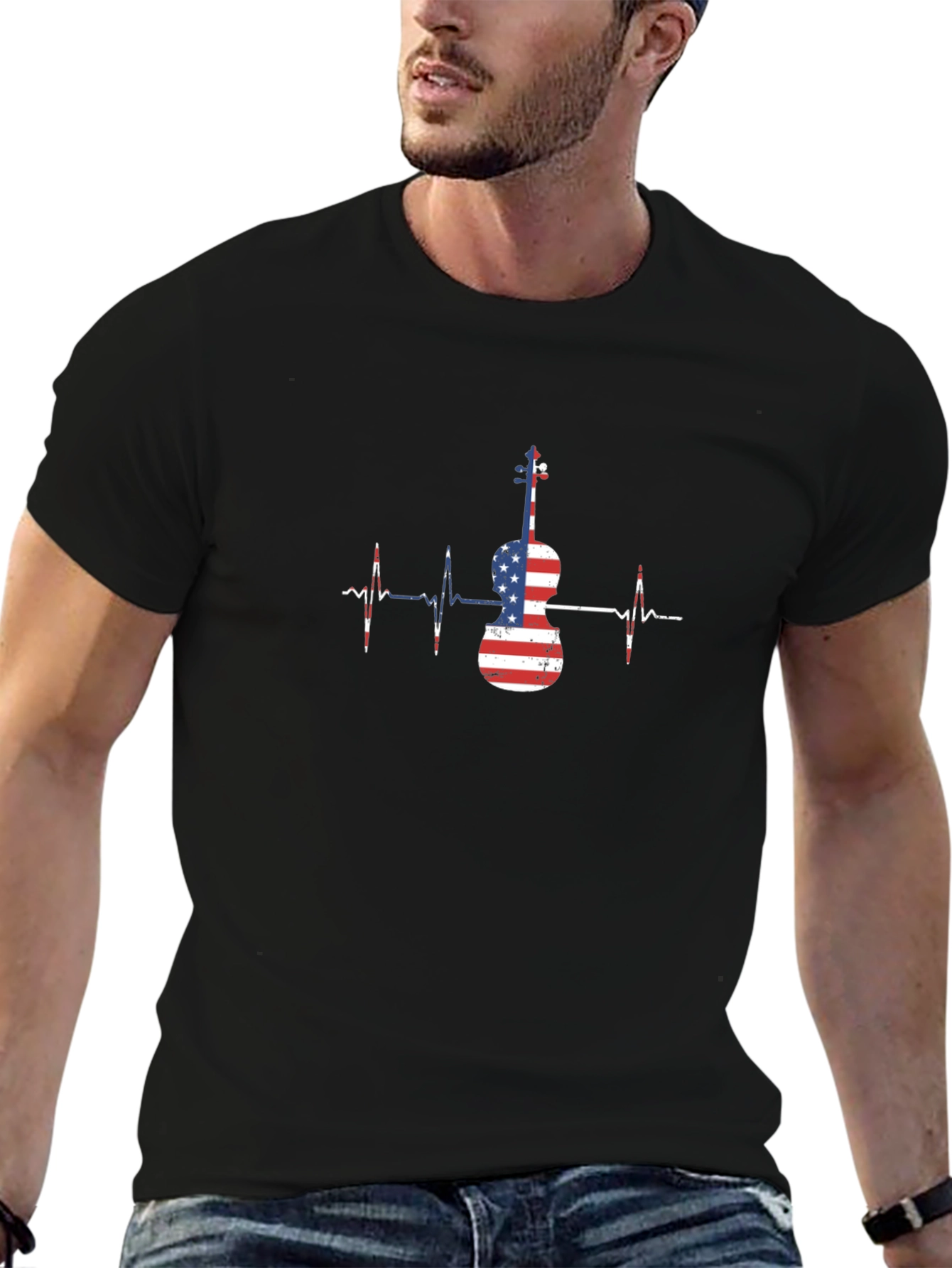 American Flag Violin Heartbeat T-Shirt