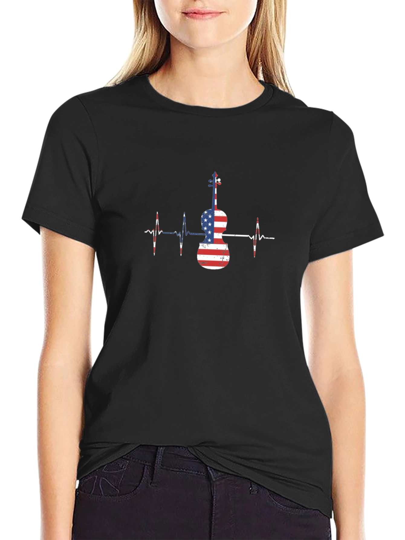 American Flag Violin Heartbeat T-Shirt
